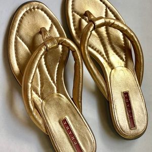 Gold Leather Prada Flip Flop Sandals